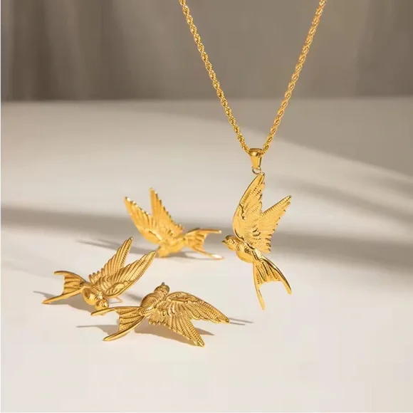 Swallow Peace Bird 18k Gold Stainless Steel Ring, Earrings, Necklace Set - Picture 1 of 17